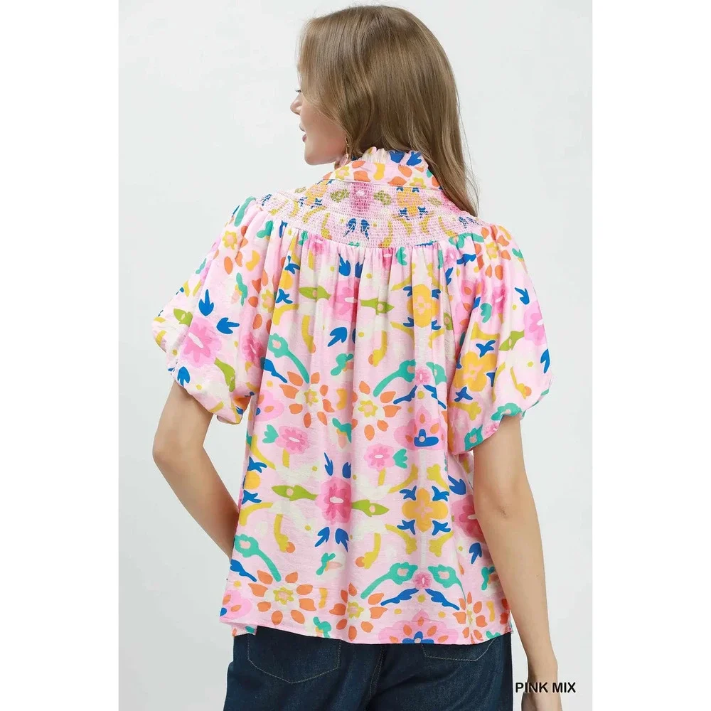 Umgee Folk Art Print Top with Smocked Detail - Picture 2 of 5